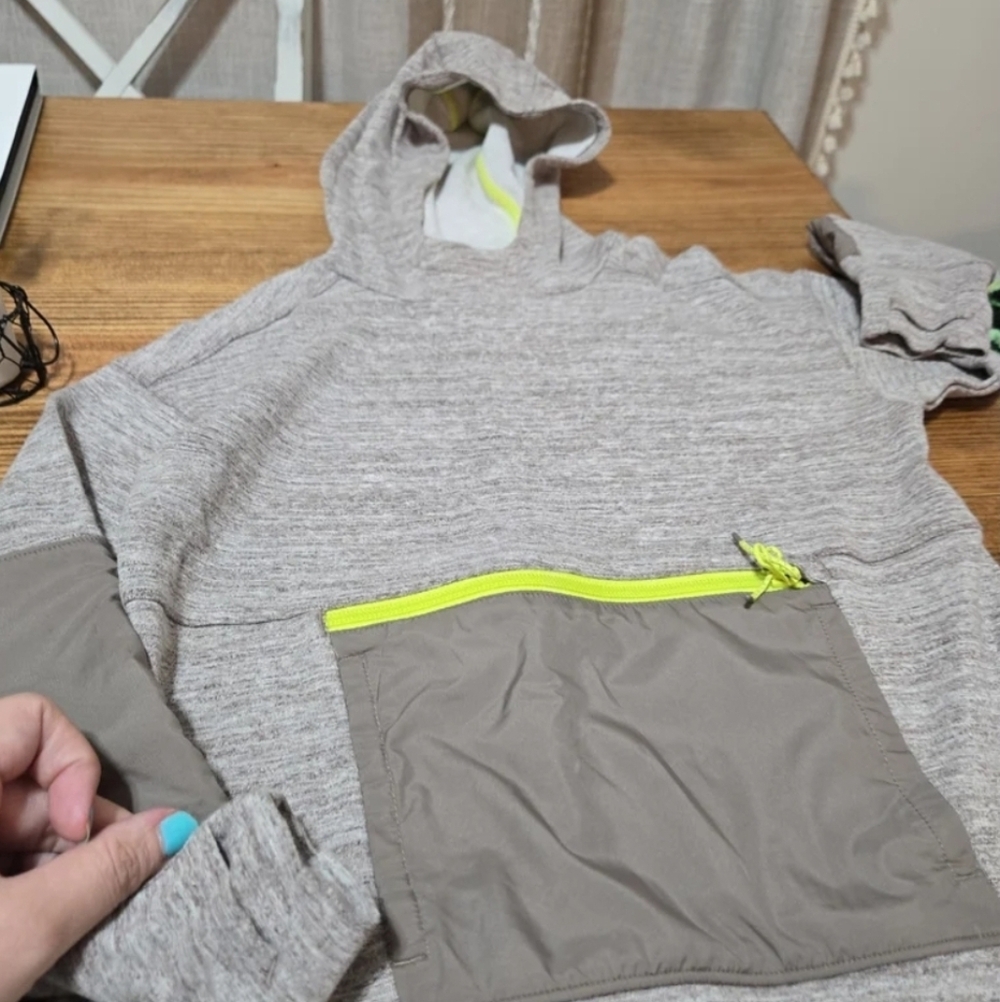 Gray and Tan Hoodie with Neon Accents